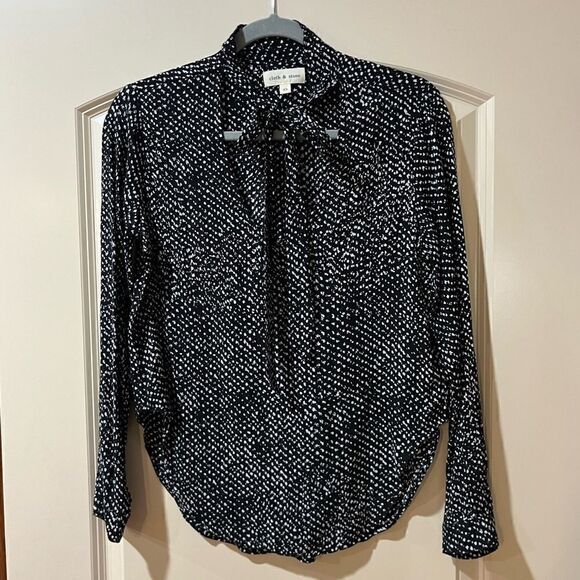 ANTHROPOLOGIE CLOTH & STONE Neck Tie Long Sleeve Blouse Black White Women’s XS - Picture 1 of 7